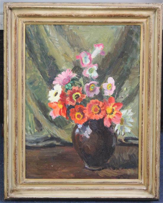 § Vanessa Bell (1879-1961) Flowers in a black pot, c.1948, 16 x 12in.